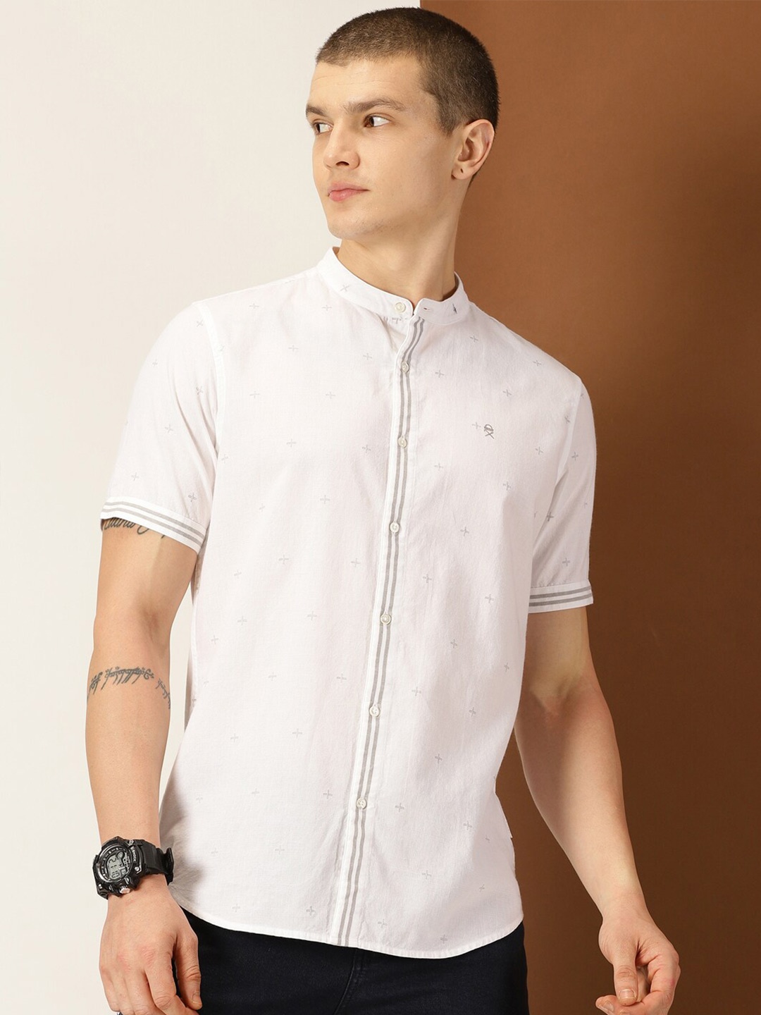 

Thomas Scott Premium Slim Fit Geometric Printed Cotton Casual Shirt, White