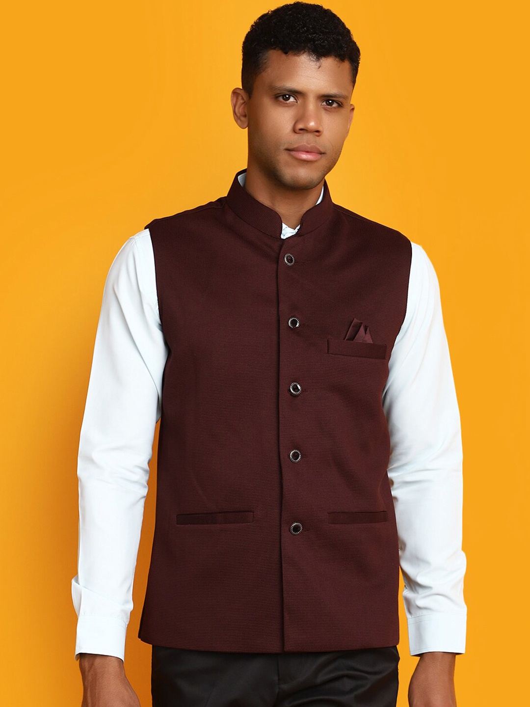 

V-Mart Woven Design Mock Collar Nehru Cotton Jackets, Maroon