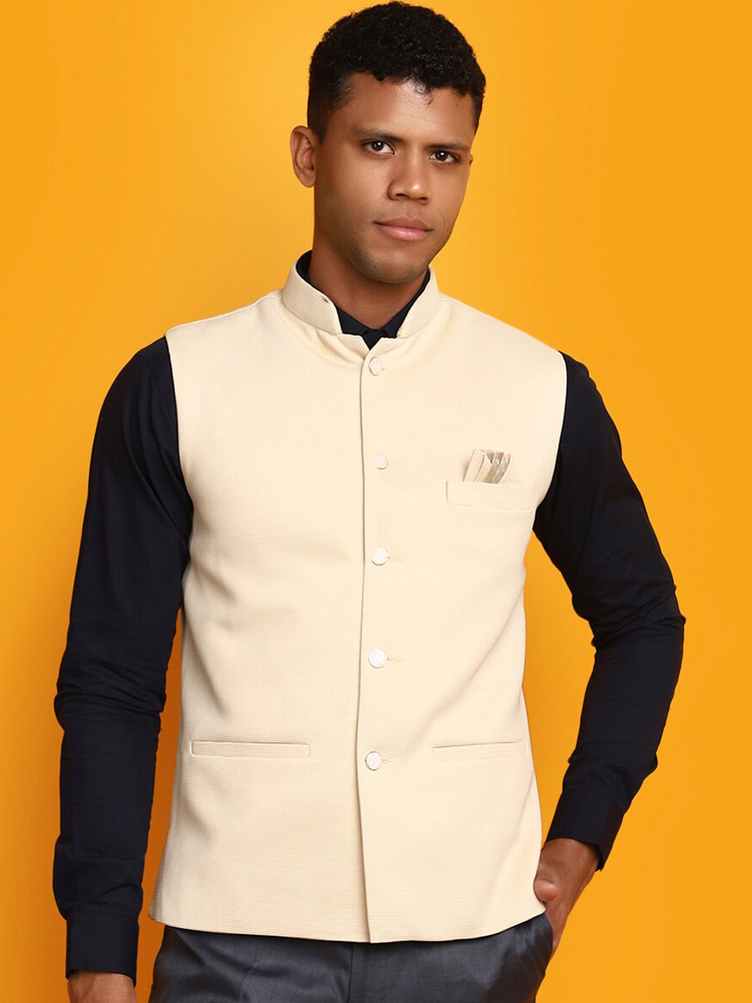 

V-Mart Woven Design Mock Collar Nehru Cotton Jackets, Beige