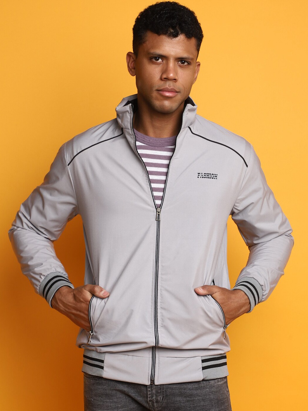 

V-Mart Mock Collar Lightweight Cotton Bomber Jacket, Grey