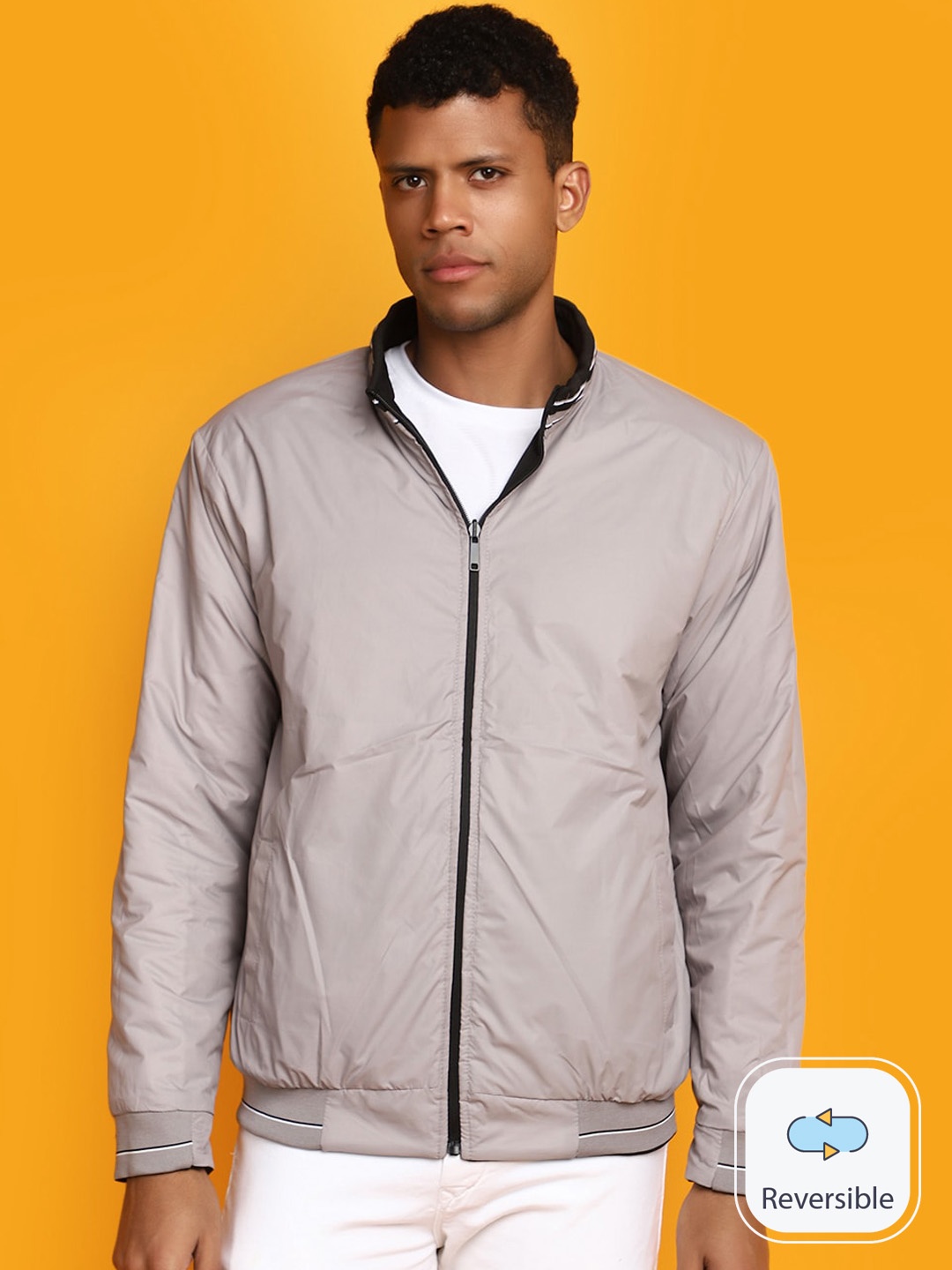 

V-Mart Mock Collar Long Sleeves Reversible bomber Jacket, Black