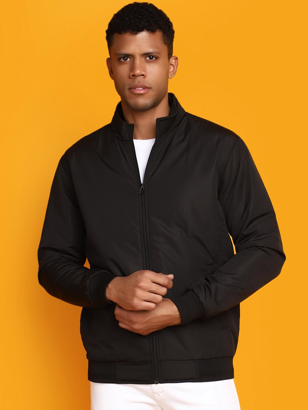 

V-Mart Mock Collar Lightweight Cotton Bomber Jacket, Black