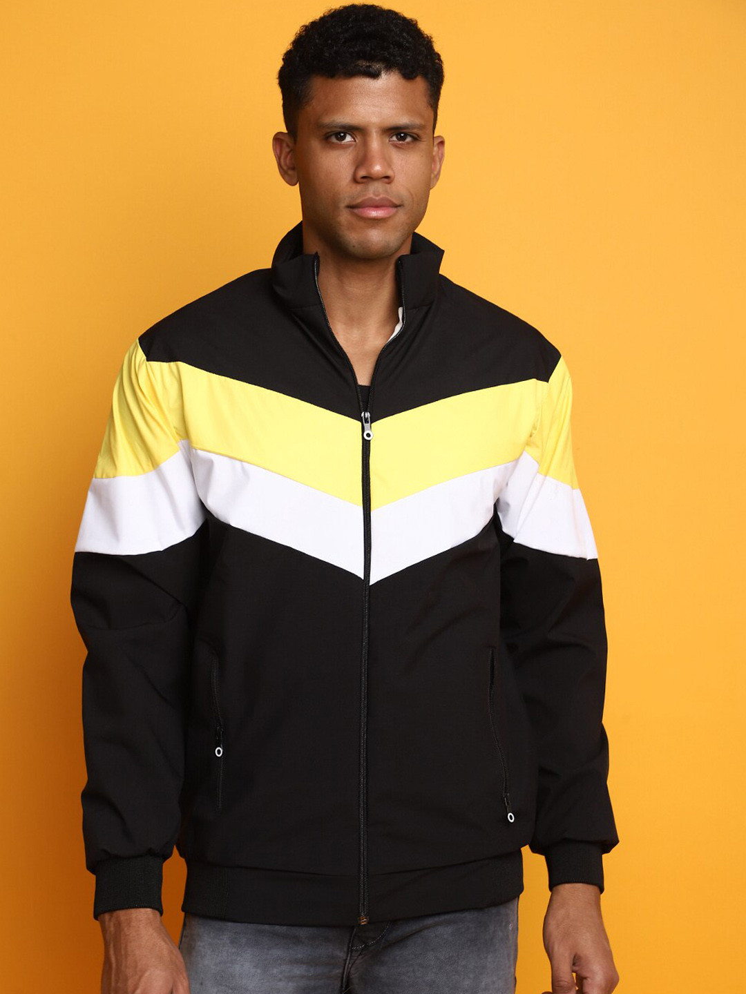 

V-Mart Colourblocked Lightweight Cotton Bomber Jacket, Black