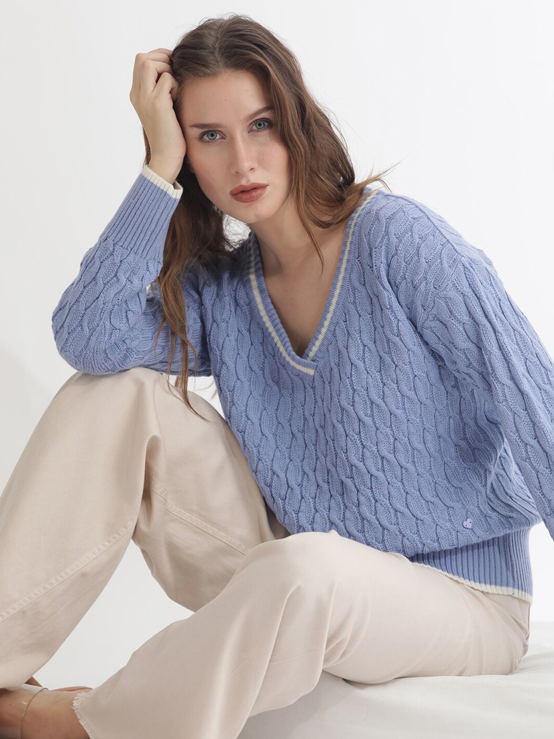

RAREISM Cable Knit Cotton Pullover Sweaters, Blue