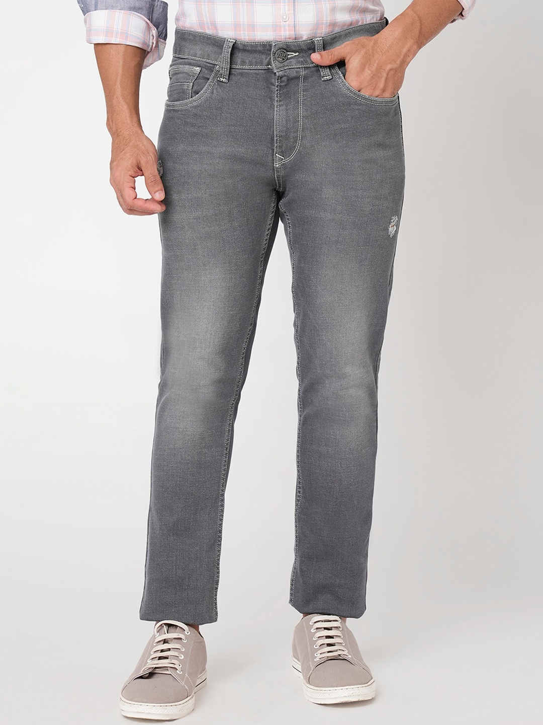 

Blue Buddha Men Slim Fit Low Distressed Light Fade Denim Jeans, Grey