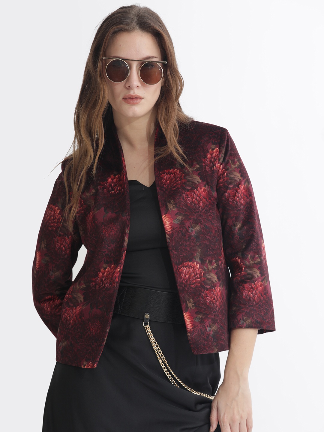 

RAREISM Floral Printed Silk Open Front Shrug, Maroon