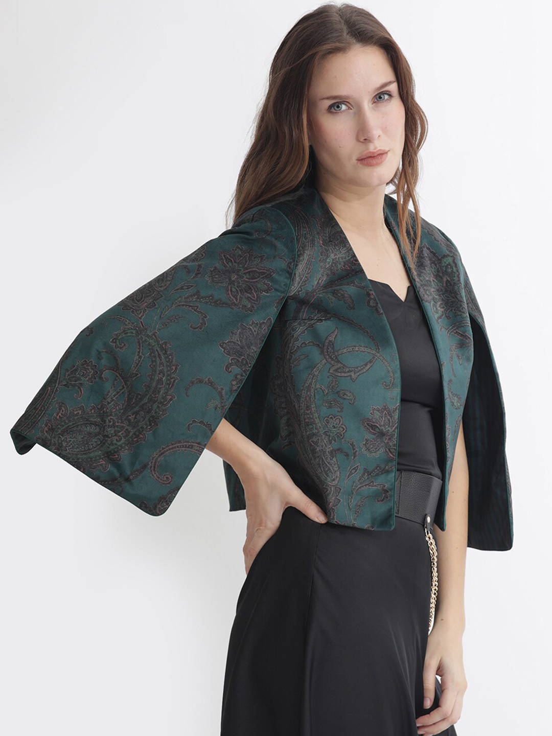 

RAREISM Ethnic Printed Silk Open Front Shrug, Green