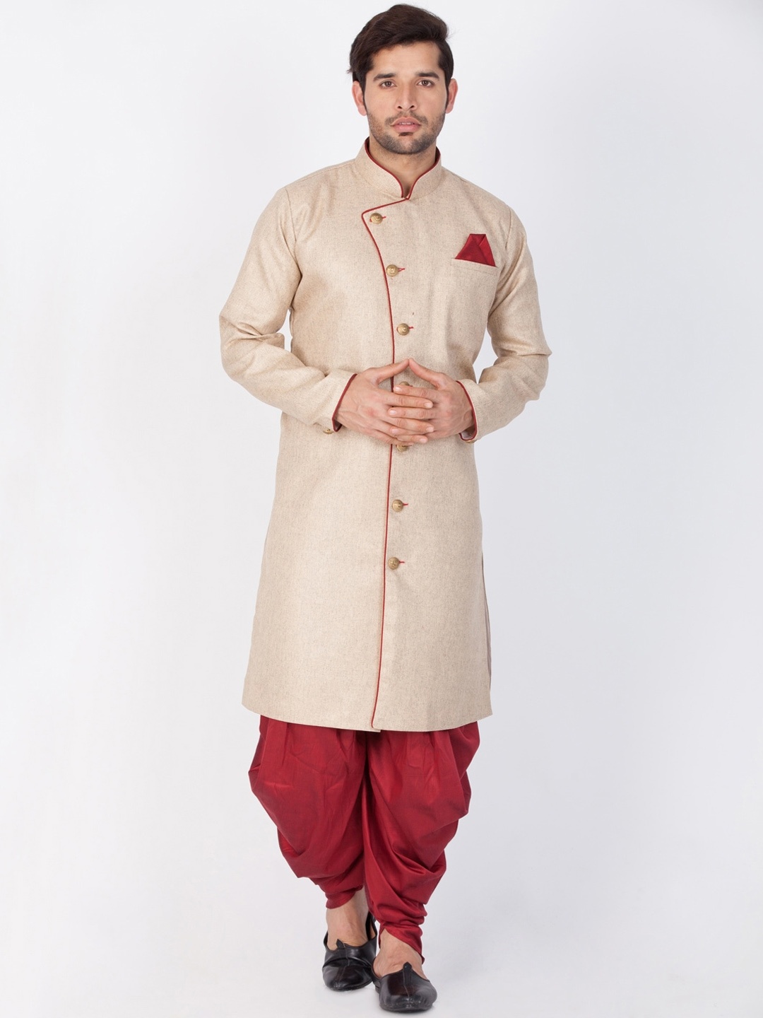 

VM Men Self-Design Mandarin Collar Long Sleeve Sherwani Set, Beige