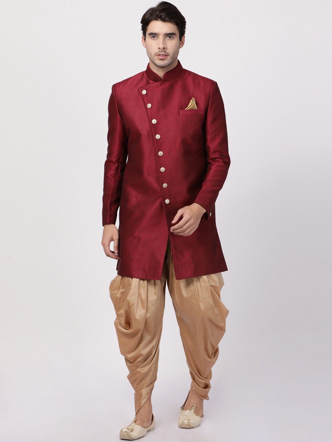 

VM Self-Design Mandarin Collar Long Sleeve Sherwani Set, Maroon