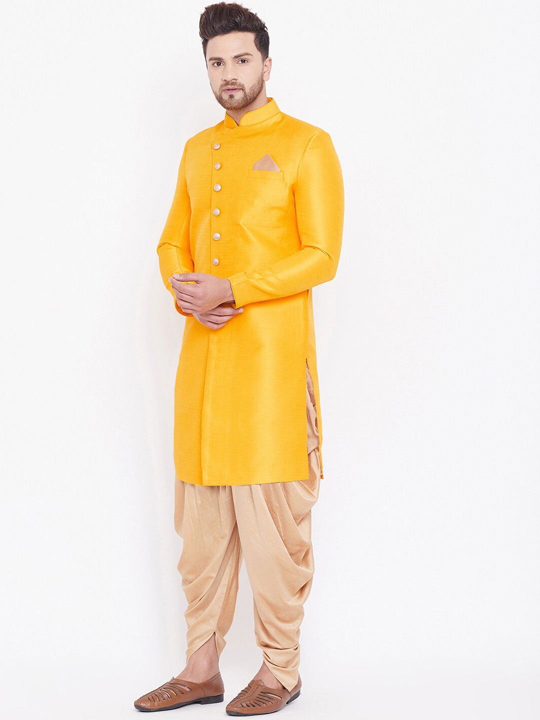 

VM Men Self-Design Sherwani Set, Mustard