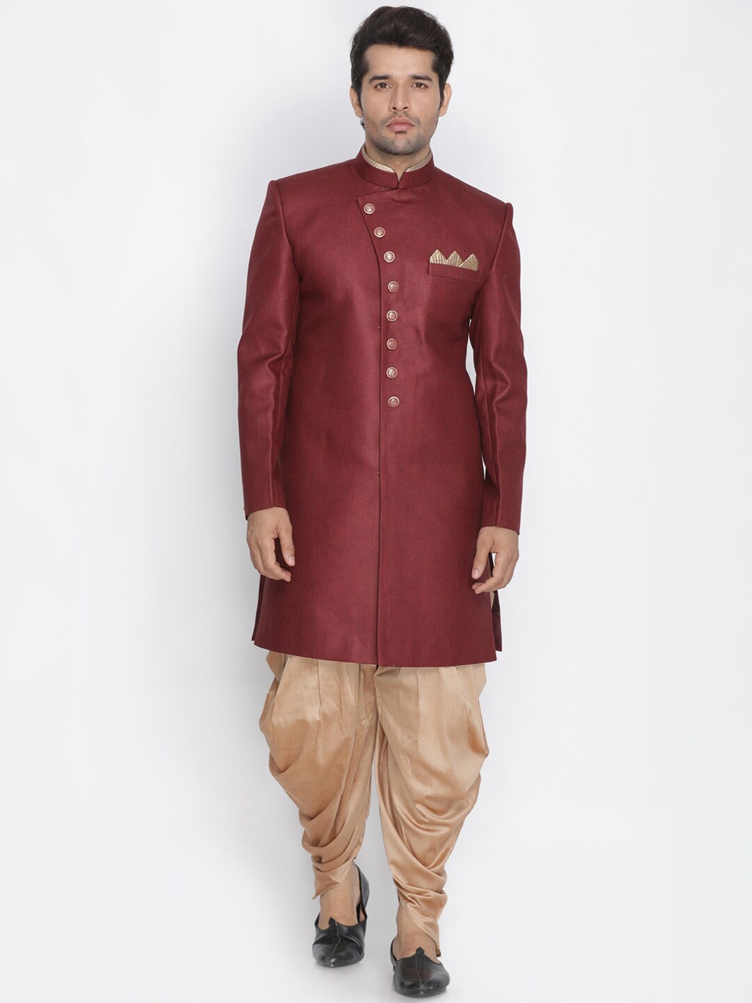 

VM Men Self-Design Jute Cotton Sherwani Set, Maroon