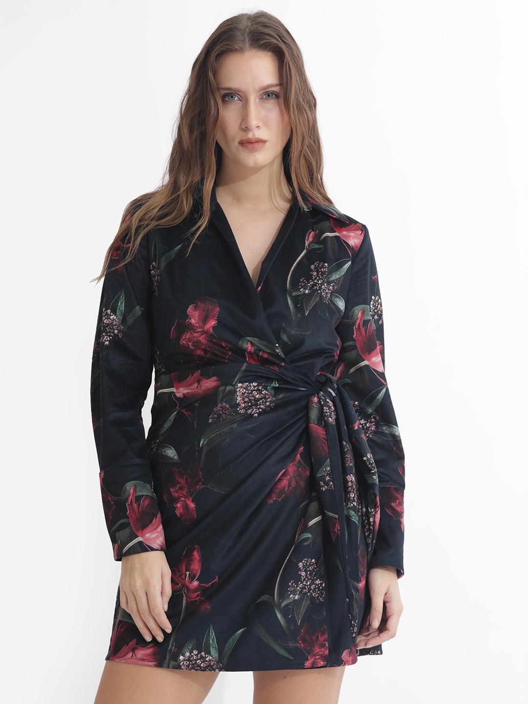 

RAREISM Floral Printed Shirt Collar Long Sleeve Tie-Ups Sheath Dress, Black