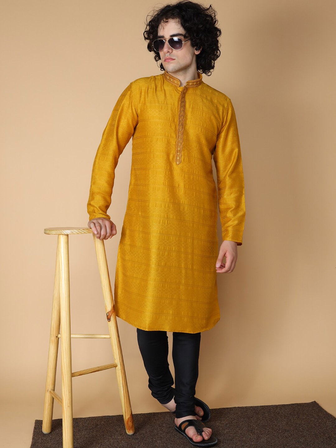 

MAAHI FABS Geometric Woven Design Mandarin Collar Jacquard Kurta with Churidar, Mustard