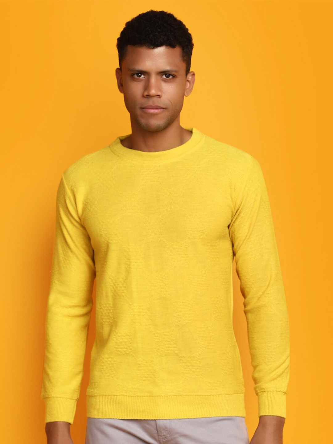 

V-Mart Cable Knit Round Neck Long Sleeves Cotton Pullover Sweater, Yellow