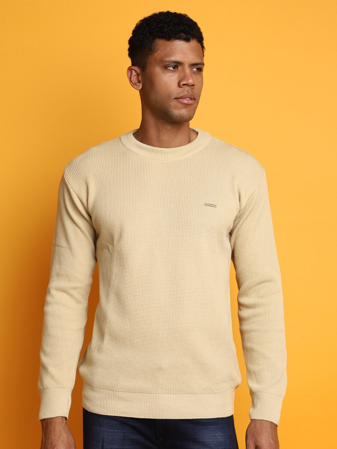 

V-Mart Open Knit Round Neck Long Sleeves Cotton Pullover Sweater, Beige