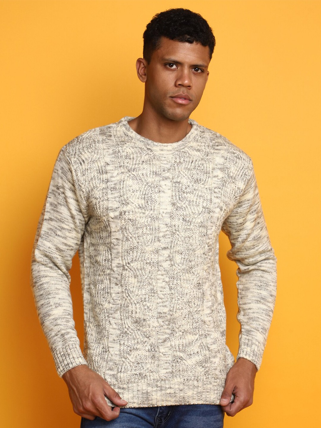 

V-Mart Self Design Open Knit Cotton Pullover Sweater, Beige