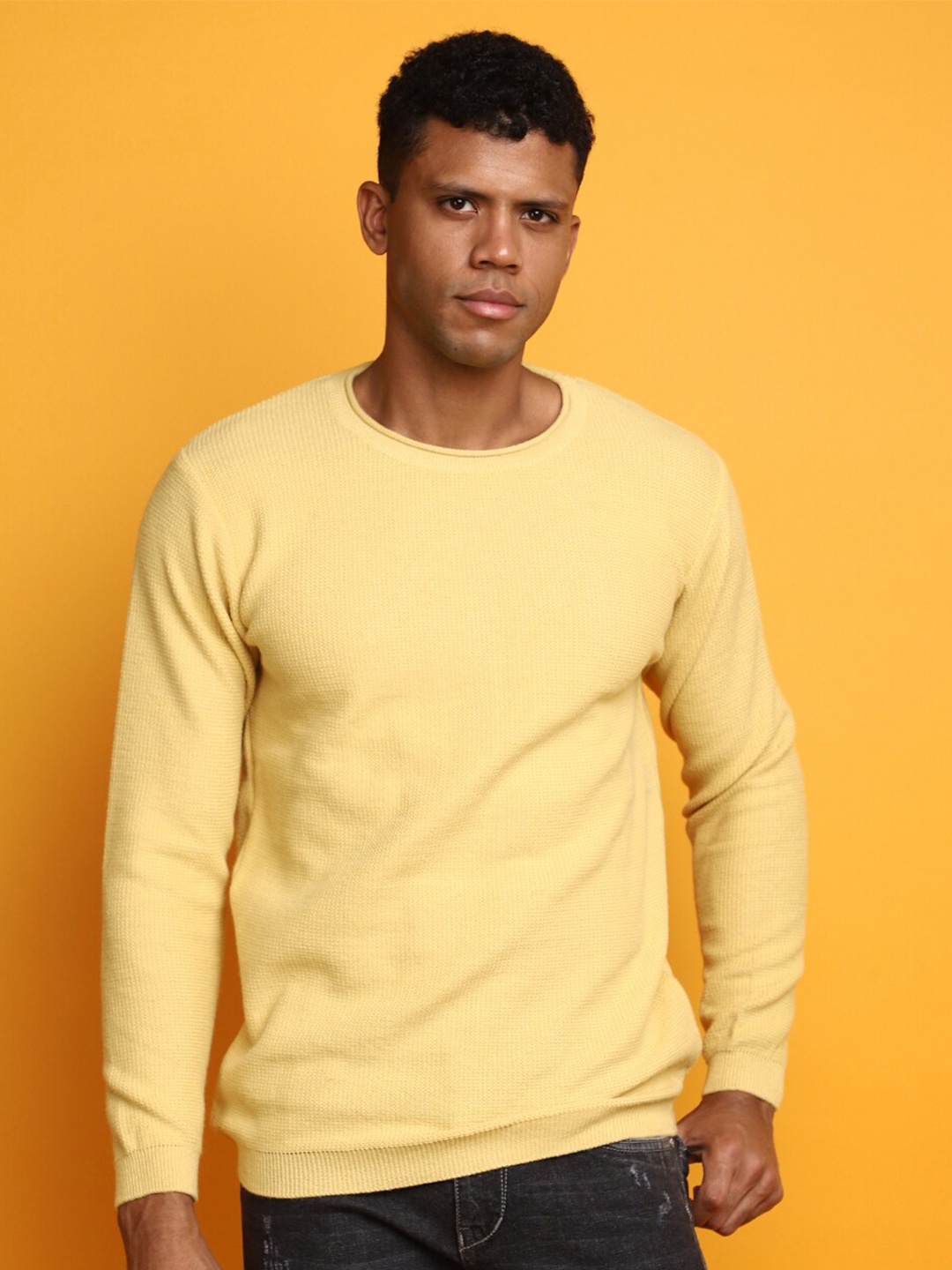 

V-Mart Open Knit Round Neck Long Sleeves Cotton Pullover Sweater, Yellow