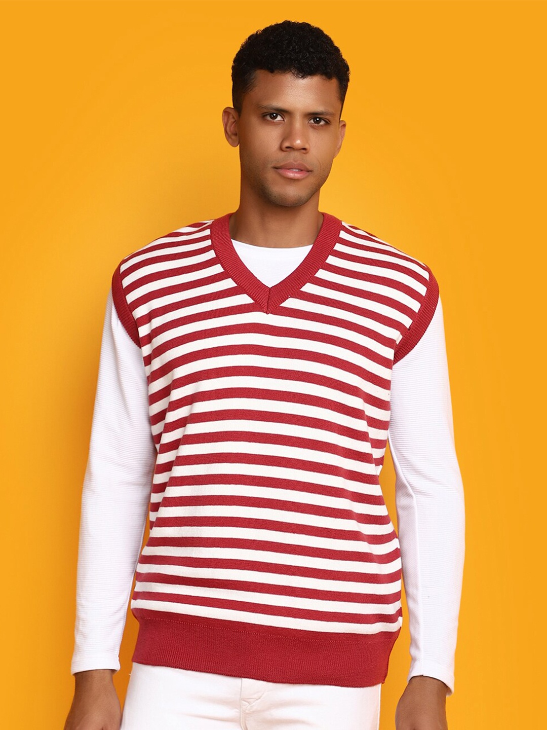 

V-Mart Striped Cotton Sweater Vest, Rust