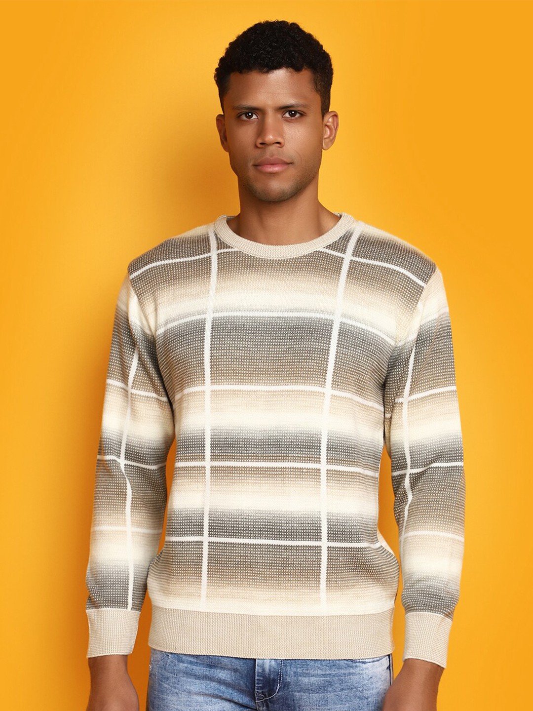

V-Mart Checked Round Neck Long Sleeves Cotton Pullover Sweater, Beige