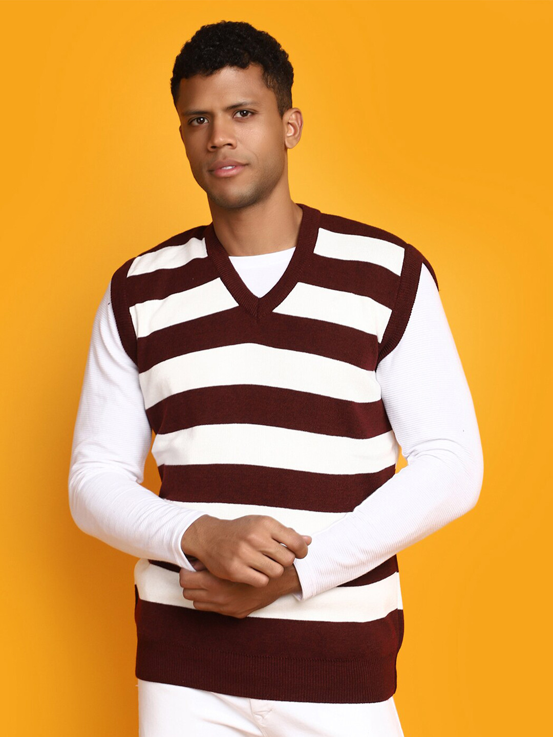 

V-Mart Striped Cotton Sweater Vest, Burgundy