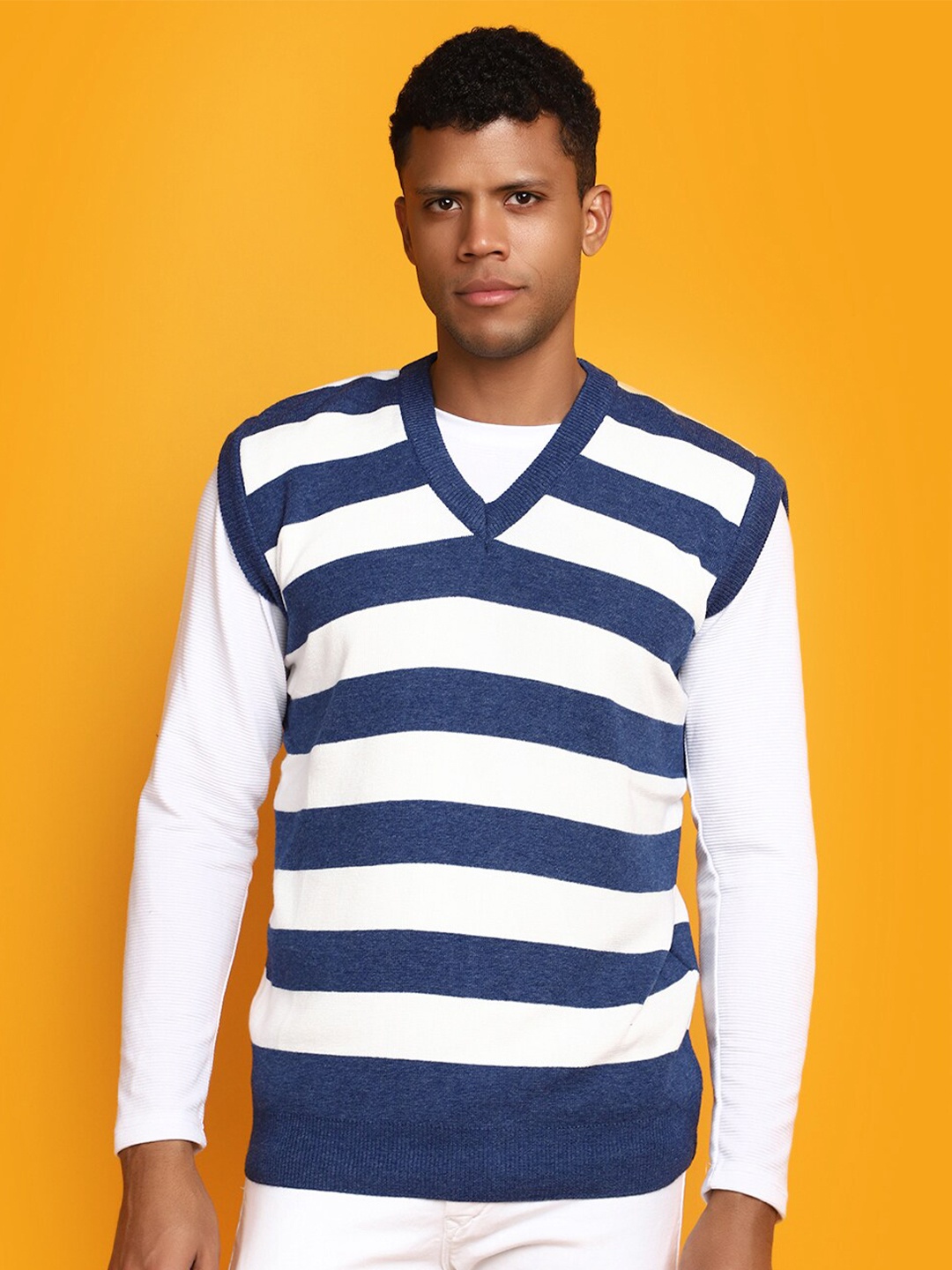 

V-Mart Striped Cotton Sweater Vest, Blue