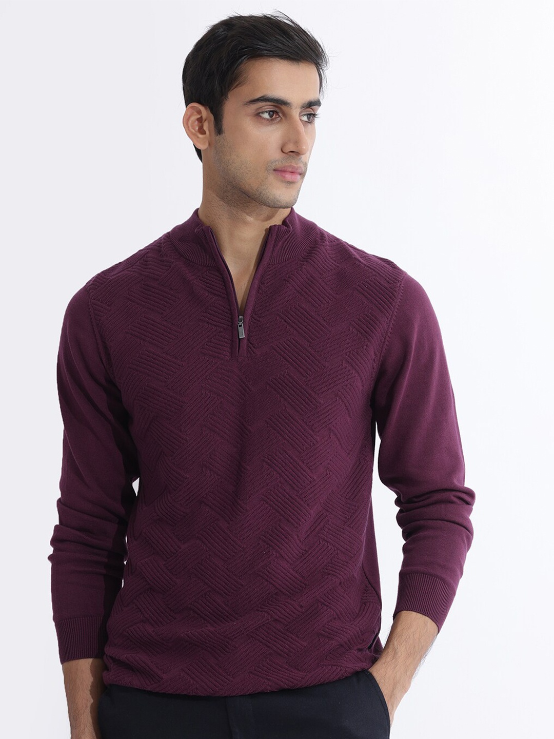 

RARE RABBIT Men Troyo Solid Open Knit Mock Collar Sweater, Maroon