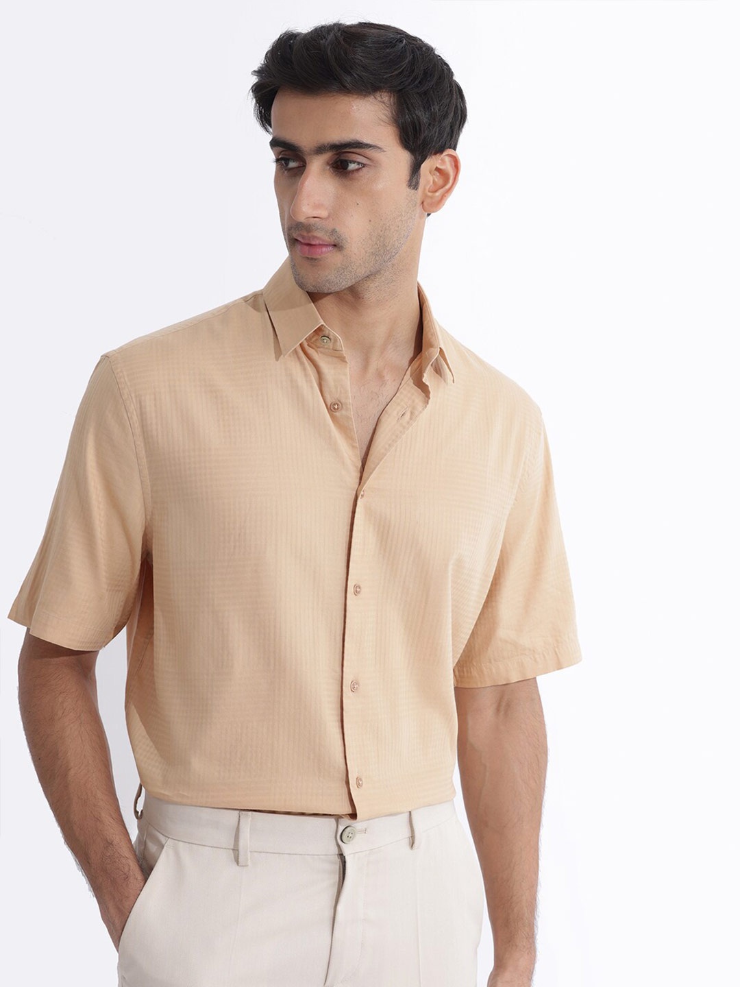 

RARE RABBIT Men Pied Spread Collar Slim Fit Cotton Shirt, Beige
