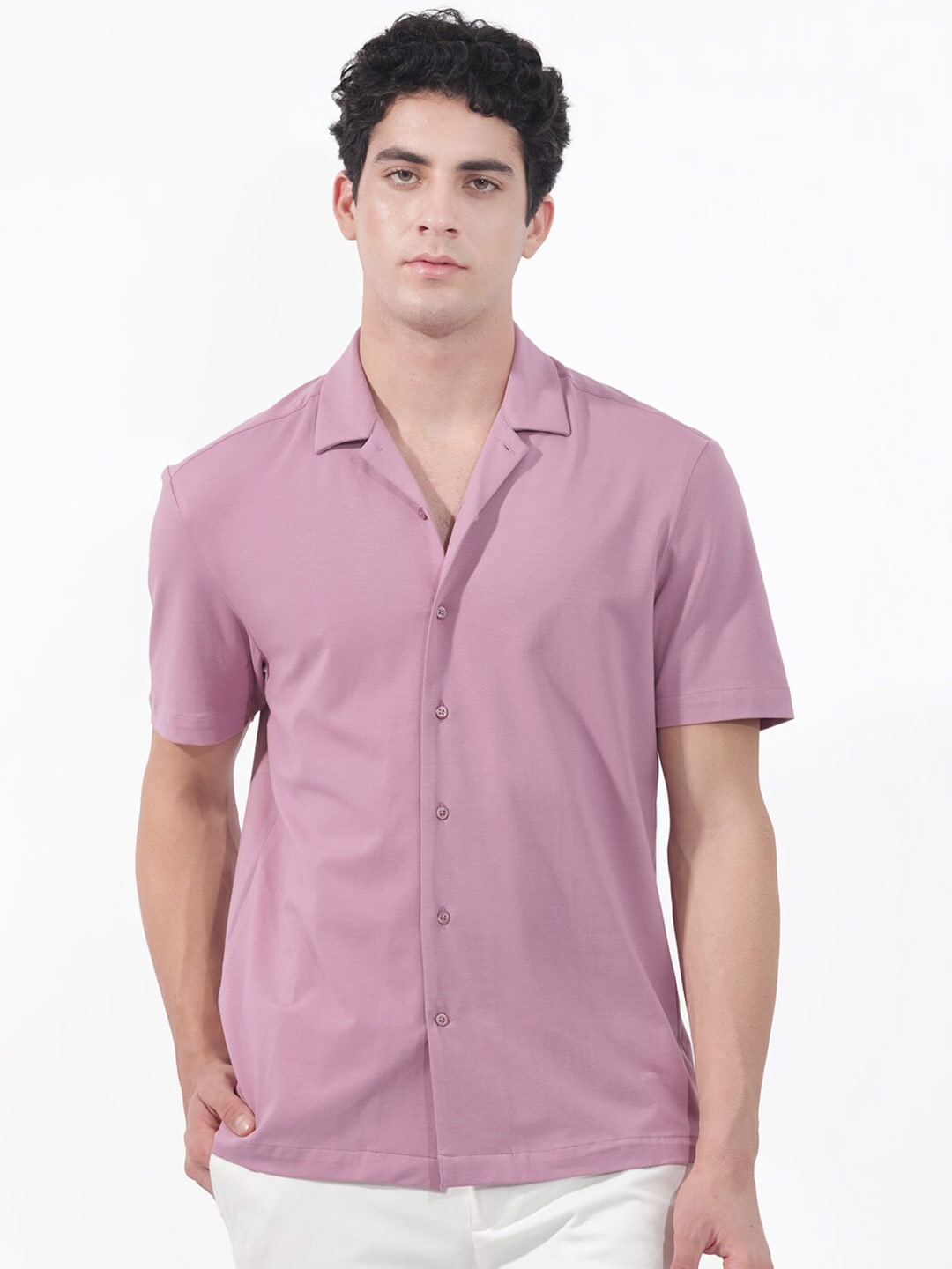 

RARE RABBIT Men Nick Slim Fit Cuban Collar Cotton Shirt, Pink
