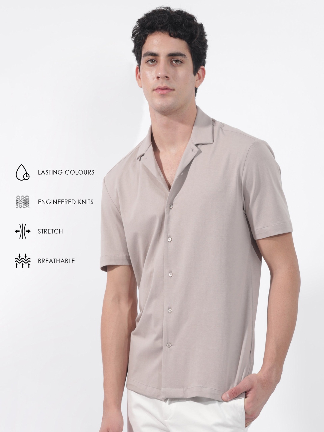 

RARE RABBIT Men Nick Slim Fit Cuban Collar Cotton Shirt, Beige