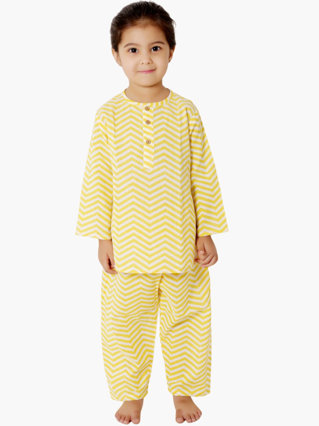 

BAESD Girls Chevron Printed Pure Cotton Kurti With Lounge Pant, Yellow