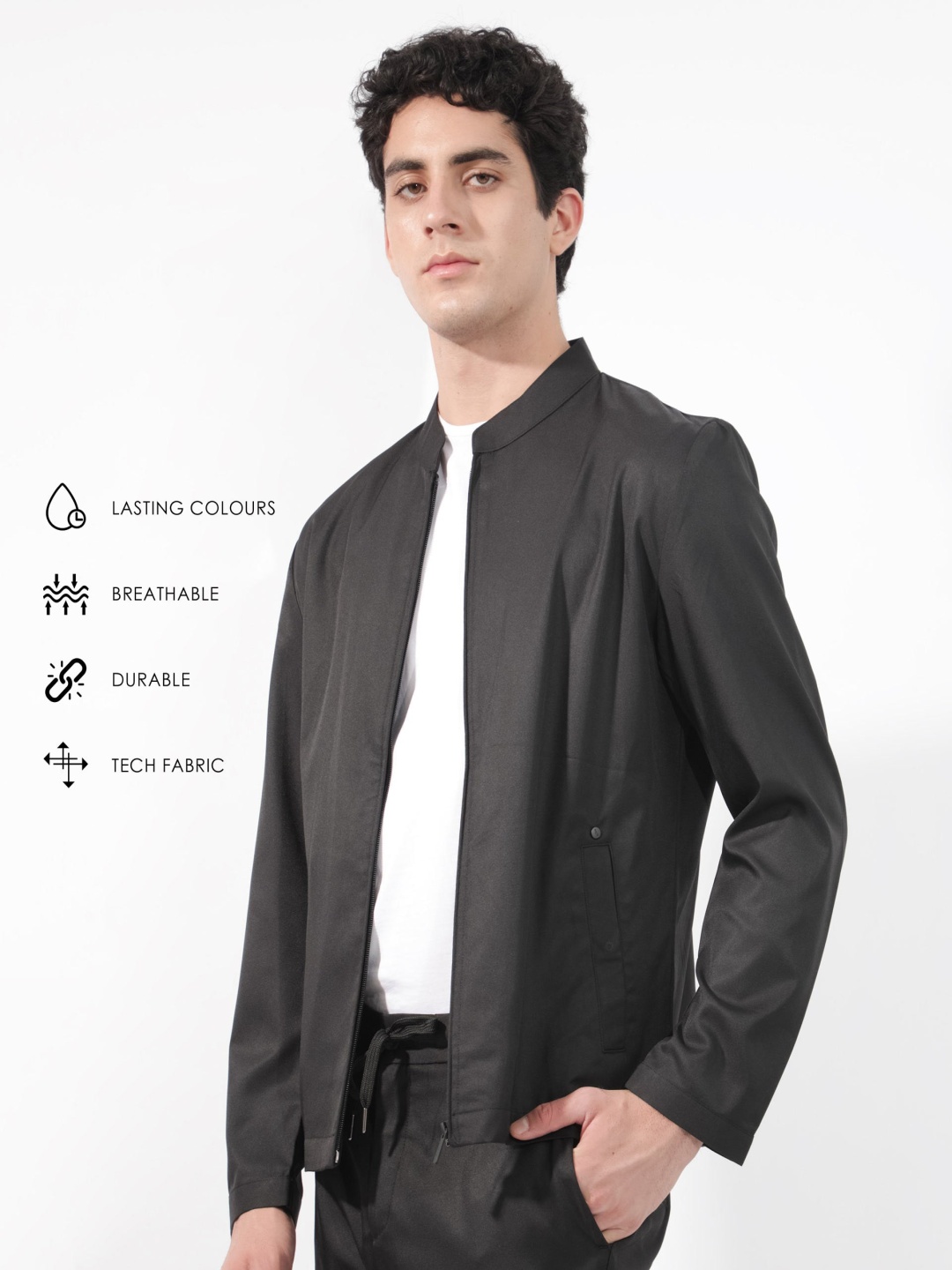 

RARE RABBIT Men Nimbus Tailored Fit Stand Collar Open Front Jacket, Black