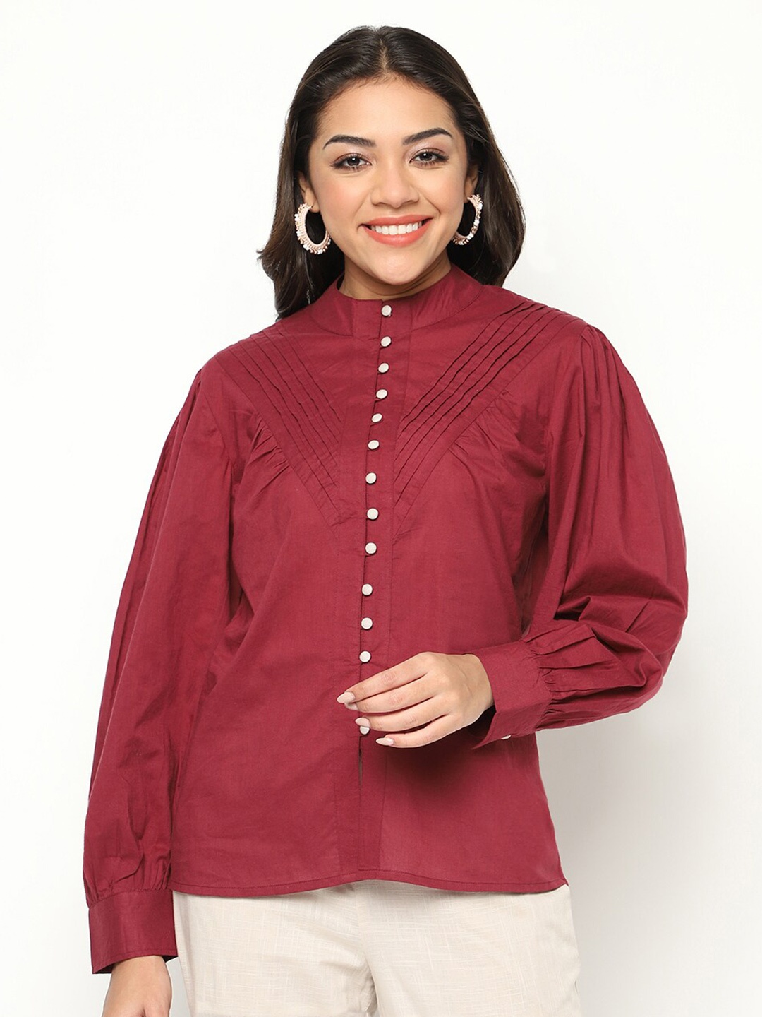 

HOUSE OF S Band Collar Cotton Casual Shirt, Red
