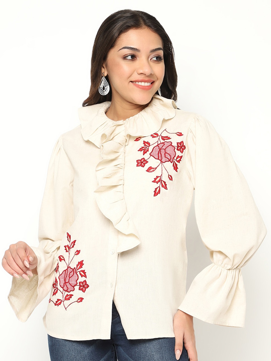 

HOUSE OF S Embroidered & Ruffled Casual Shirt, Beige