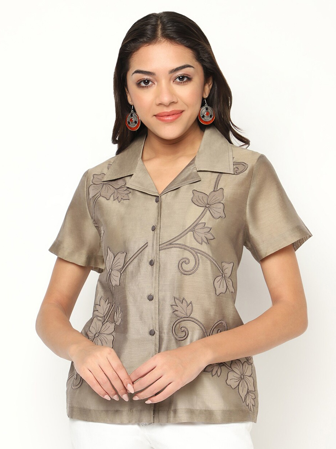 

HOUSE OF S Floral Embroidered Cuban Collar Silk Casual Shirt, Khaki