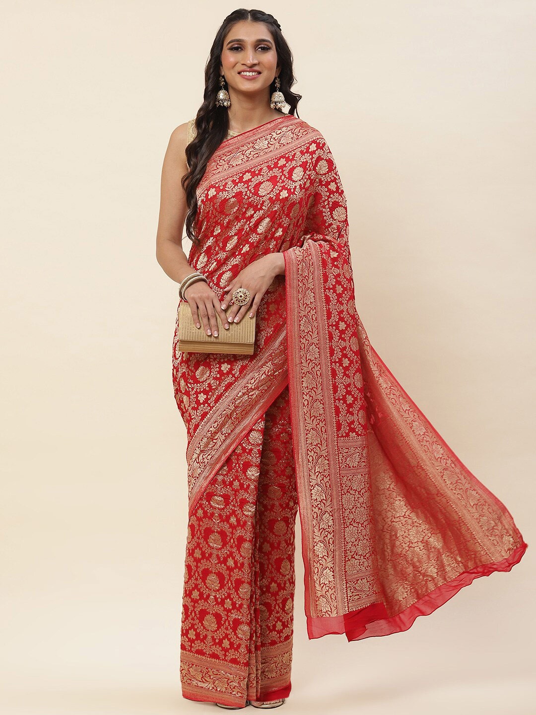 

Meena Bazaar Floral Woven Design Poly Georgette Saree, Red