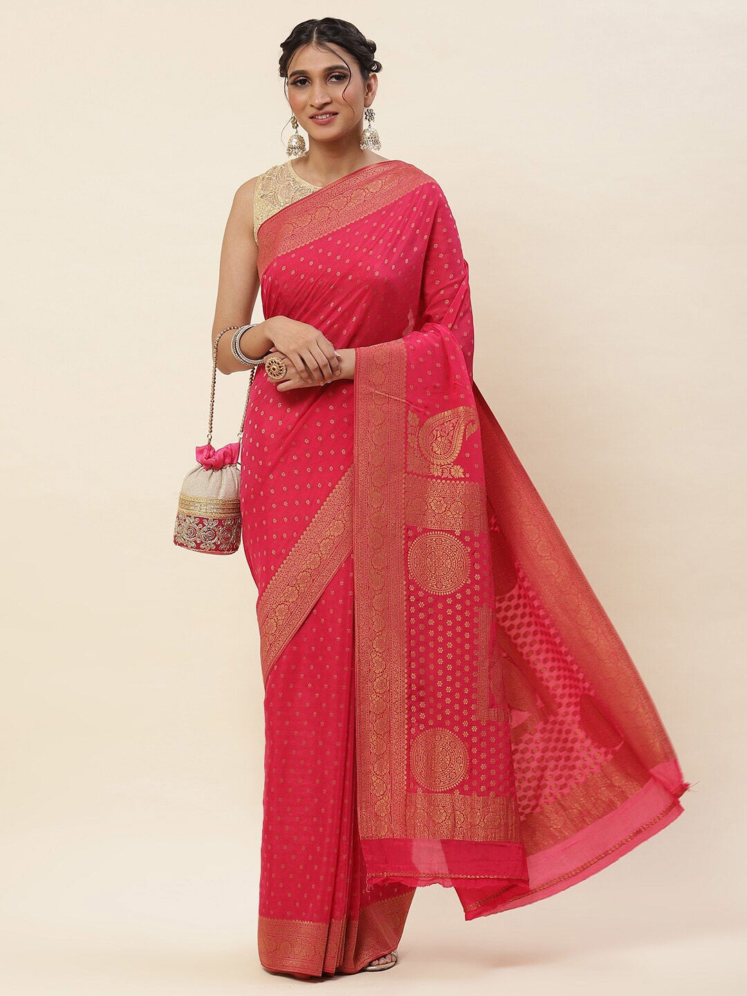 

Meena Bazaar Ethnic Motifs Woven Design Poly Crepe Saree, Pink