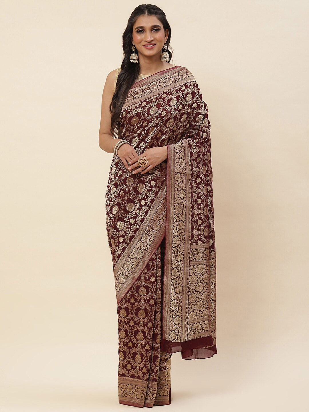 

Meena Bazaar Floral Woven Design Poly Georgette Saree, Burgundy