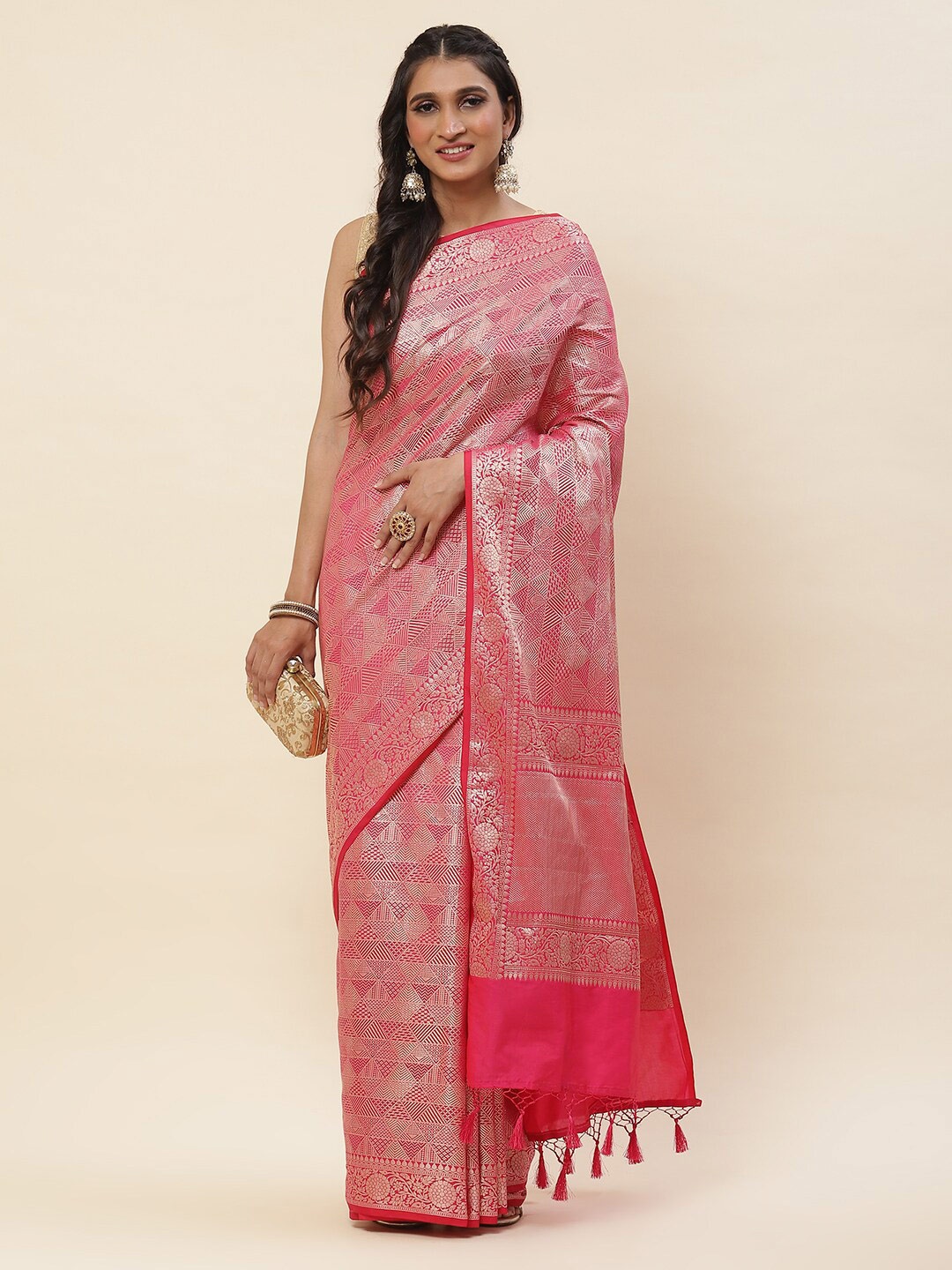 

Meena Bazaar Ethnic Motifs Woven Design Art Silk Banarasi Saree, Pink