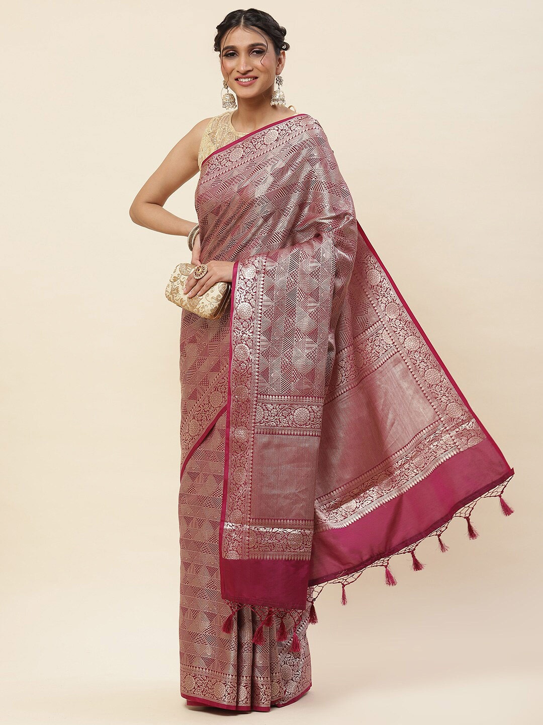 

Meena Bazaar Ethnic Motifs Woven Design Art Silk Banarasi Saree, Burgundy