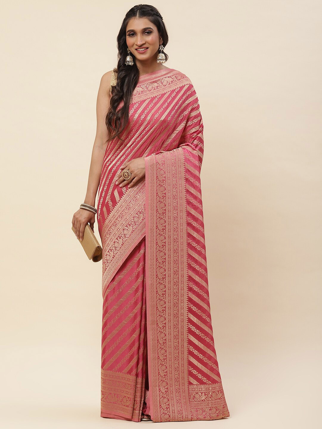 

Meena Bazaar Striped Woven Design Poly Georgette Saree, Pink