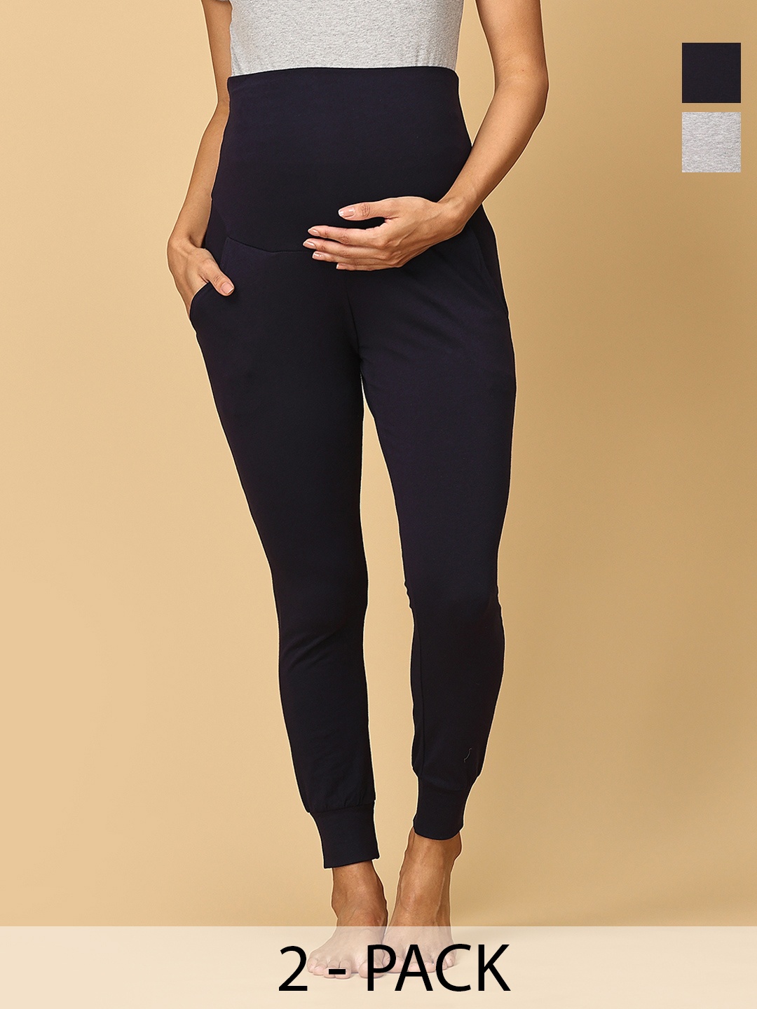 

The Mom Store Women Pack of 2 Maternity High-Rise Joggers, Navy blue