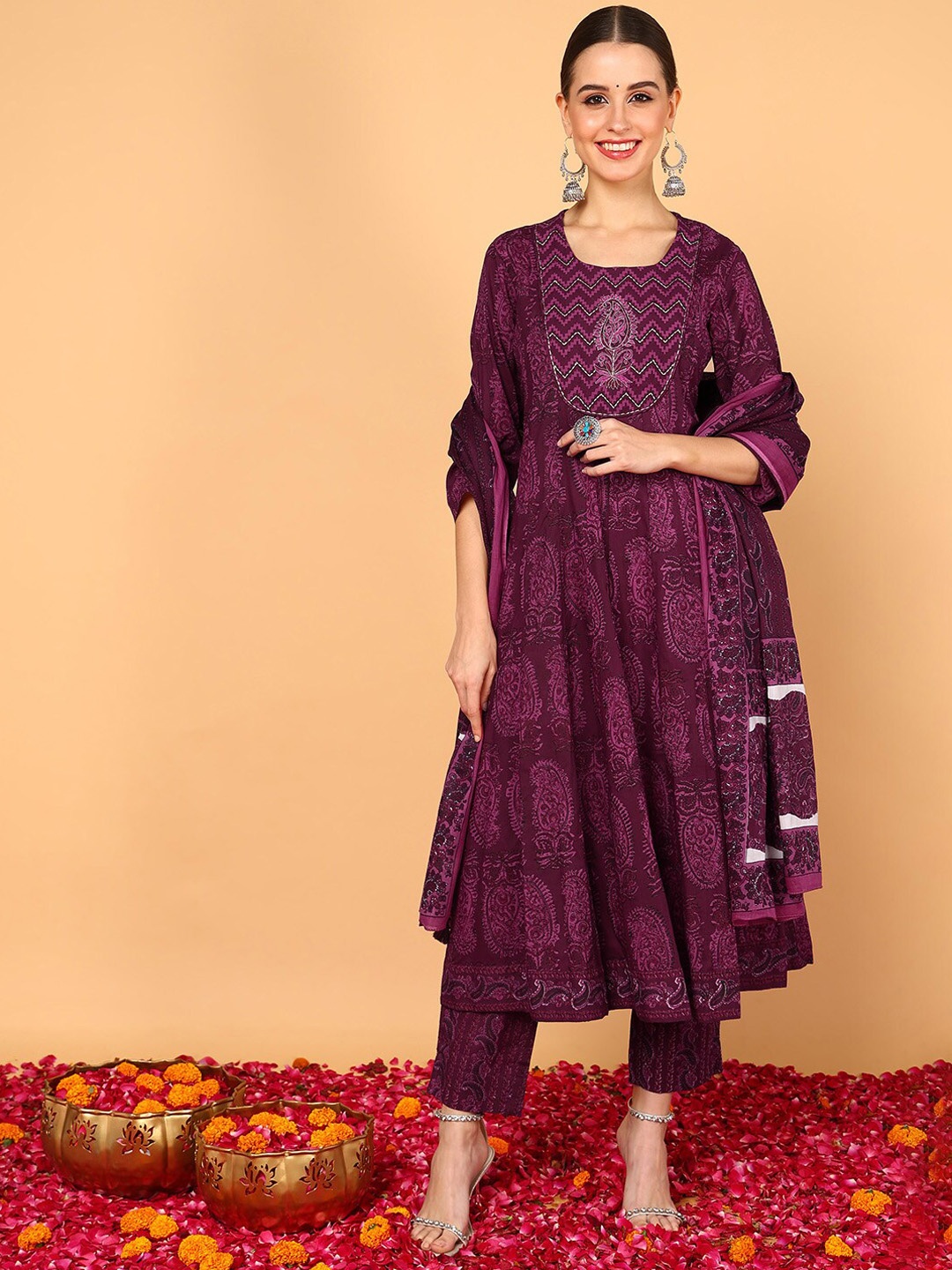 

AHIKA Paisley Printed Thread Work Pure Cotton Anarkali Kurta With Trousers & Dupatta, Magenta