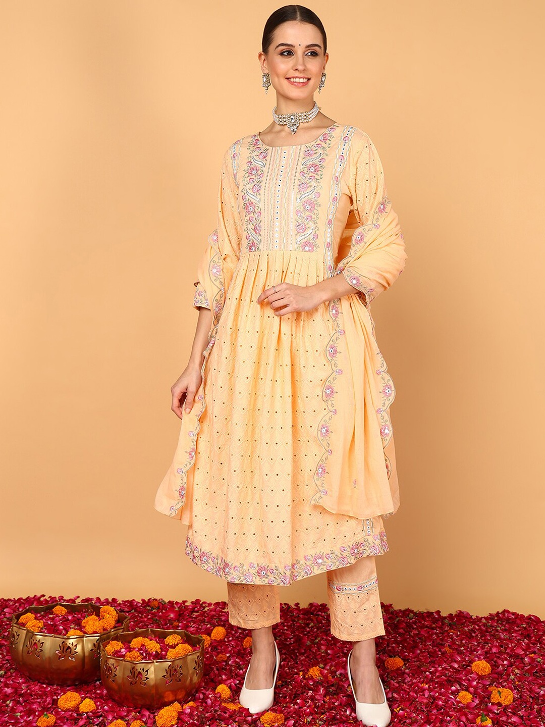 

AHIKA Floral Embroidered Mirror Work Pure Cotton Kurta With Trousers & Dupatta, Orange