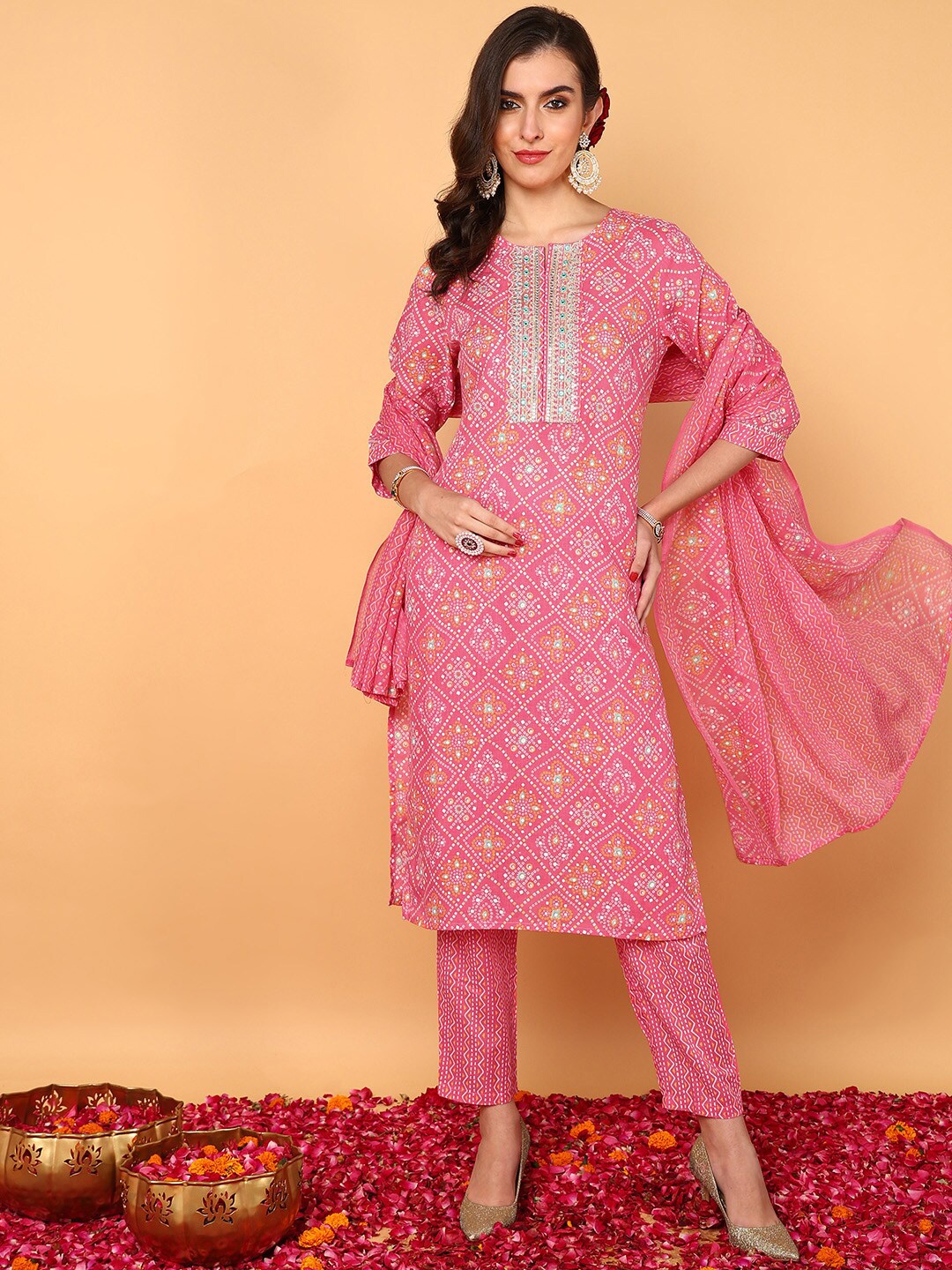 

AHIKA Bandhani Printed Mirror Work Kurta With Trousers & Dupatta, Pink