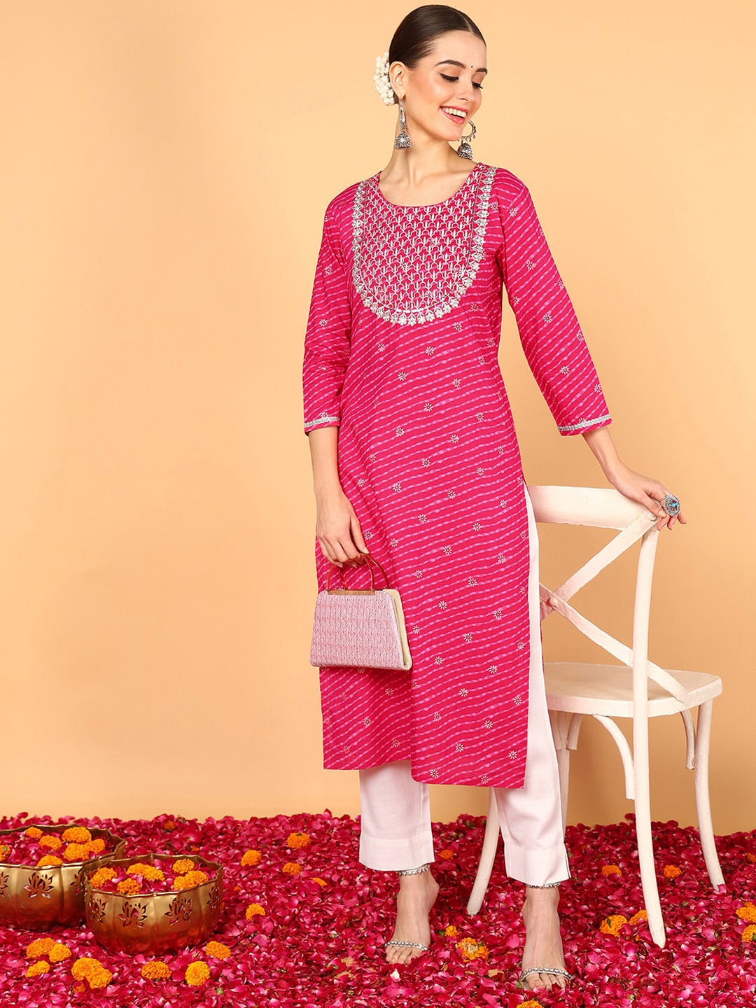 

AHIKA Leheriya Printed Round Neck Regular Thread Work Cotton Straight Kurta, Pink