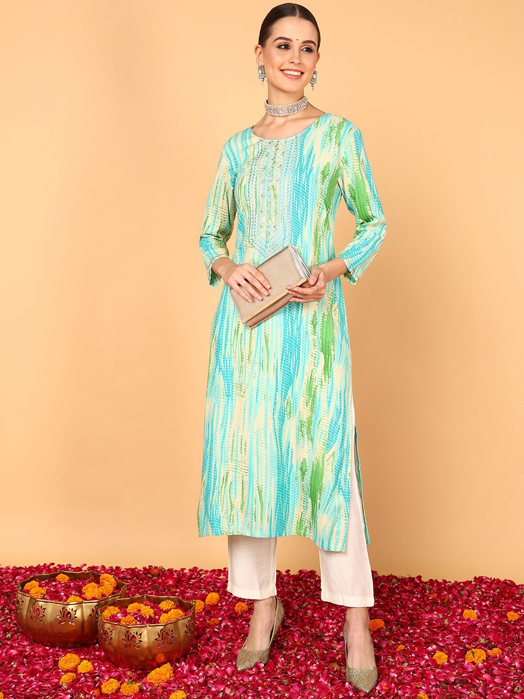 

AHIKA Abstract Printed Sequinned Straight Kurta, Turquoise blue