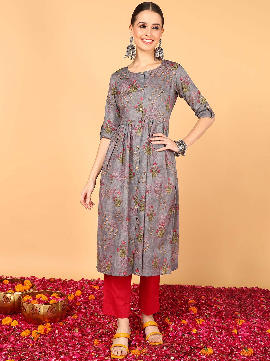 

AHIKA Floral Printed A-Line Cotton Kurta, Grey