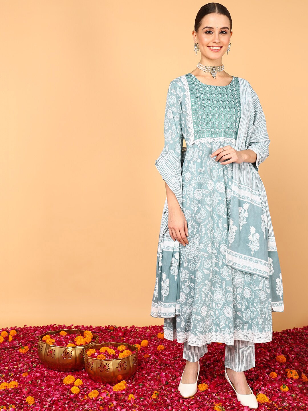 

AHIKA Floral Printed Pure Cotton Thread Work Anarkali Kurta With Trousers & Dupatta, Sea green