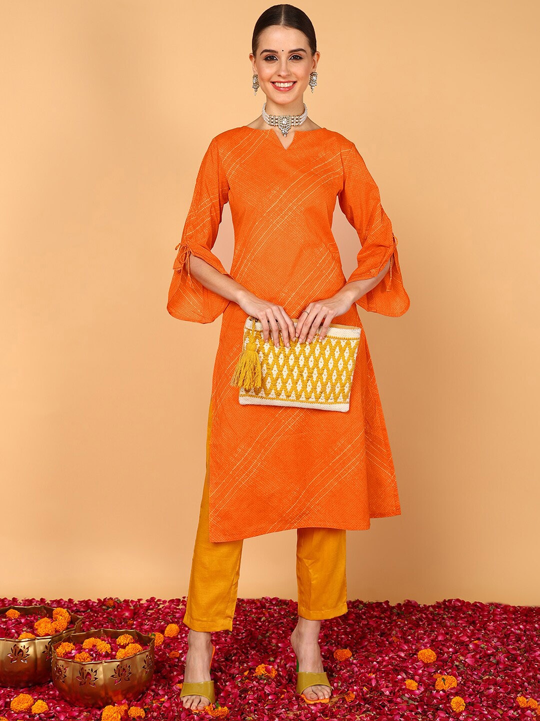 

AHIKA Striped Cotton Straight Kurta, Orange