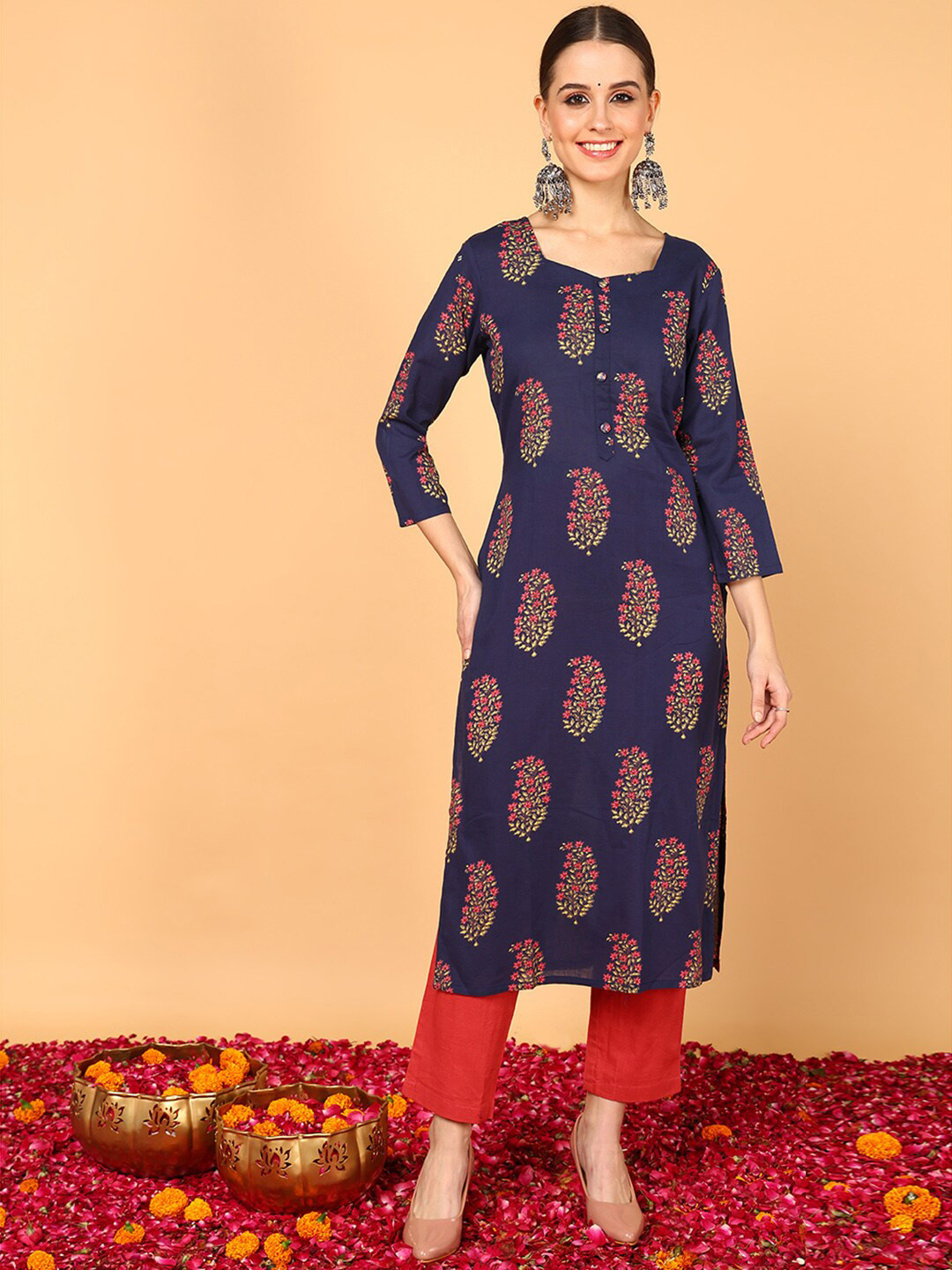 

AHIKA Floral Printed Straight Cotton Kurta, Navy blue